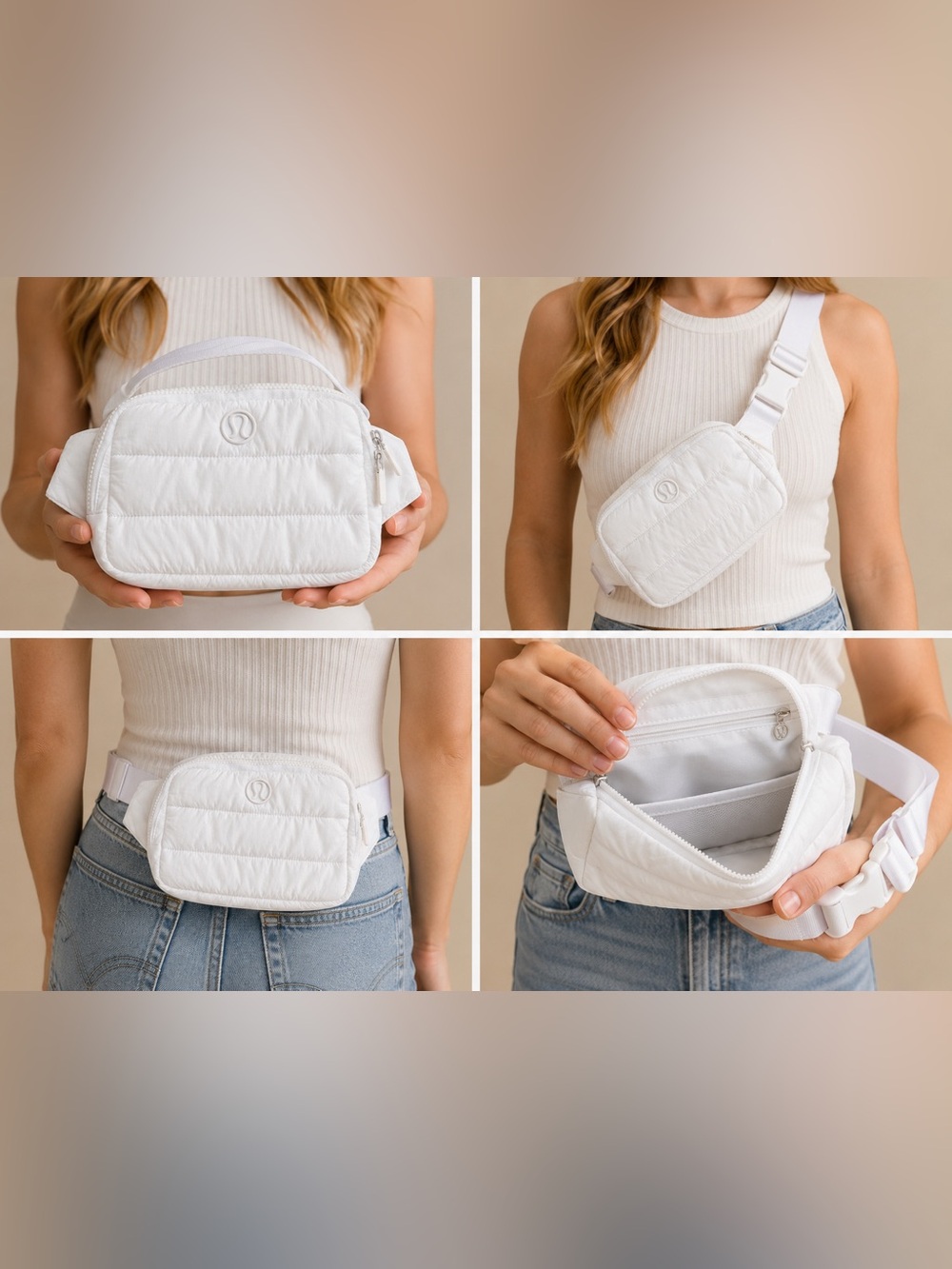 Lululemon White Quilted Belt Bag Crossbody Puffy Nylon Athleisure OS Y2K Travel